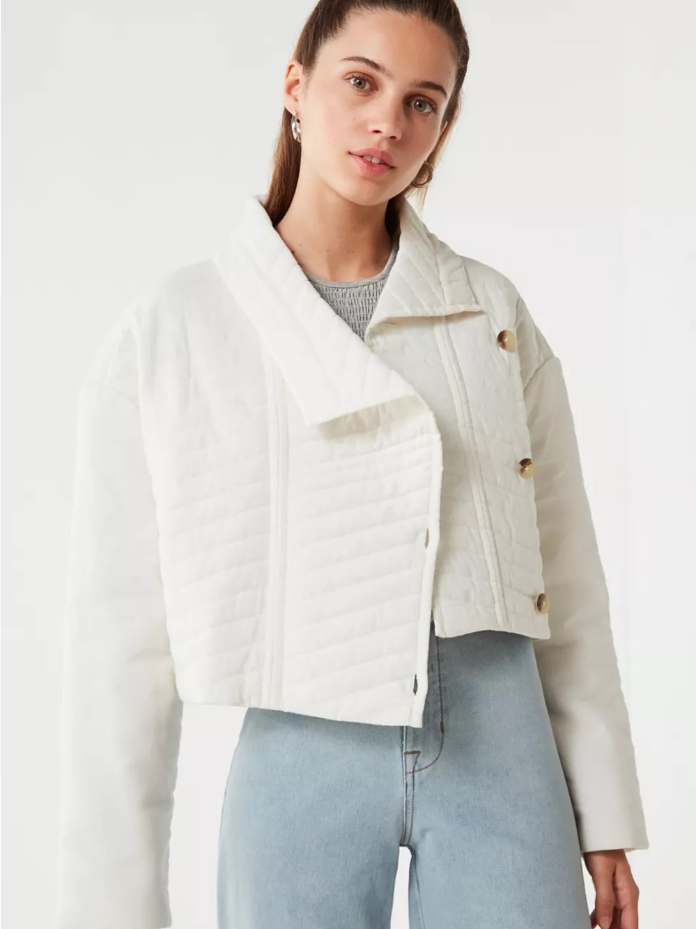 Urban Outfitters - White Quilted Canvas Cropped Button Down Puffer Jacket